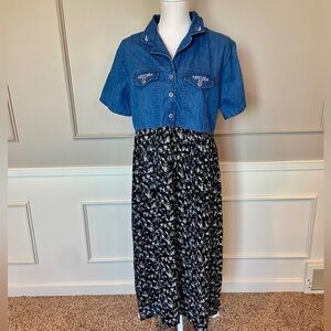 Vintage 90s Premier International Large denim shirt dress jean floral black